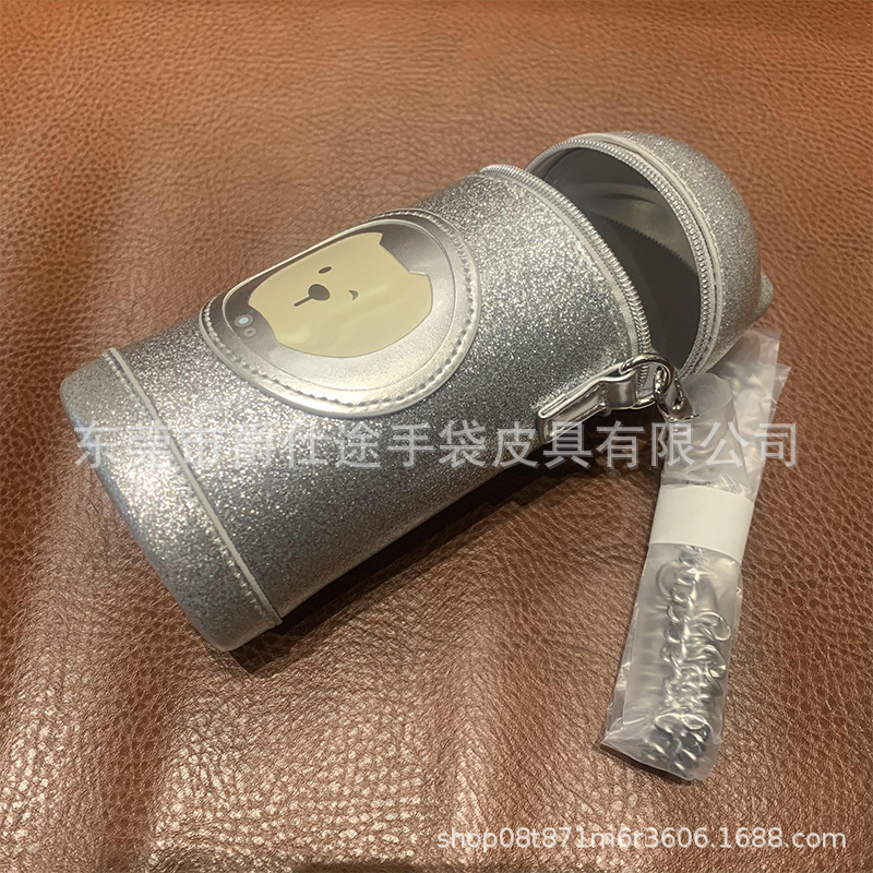 Korean Style Creative Pu Water Cup Cover, Trendy Silver Diagonal Cup Cover Bag, Cute Bear Factory Customized Pu Water Cup Cover