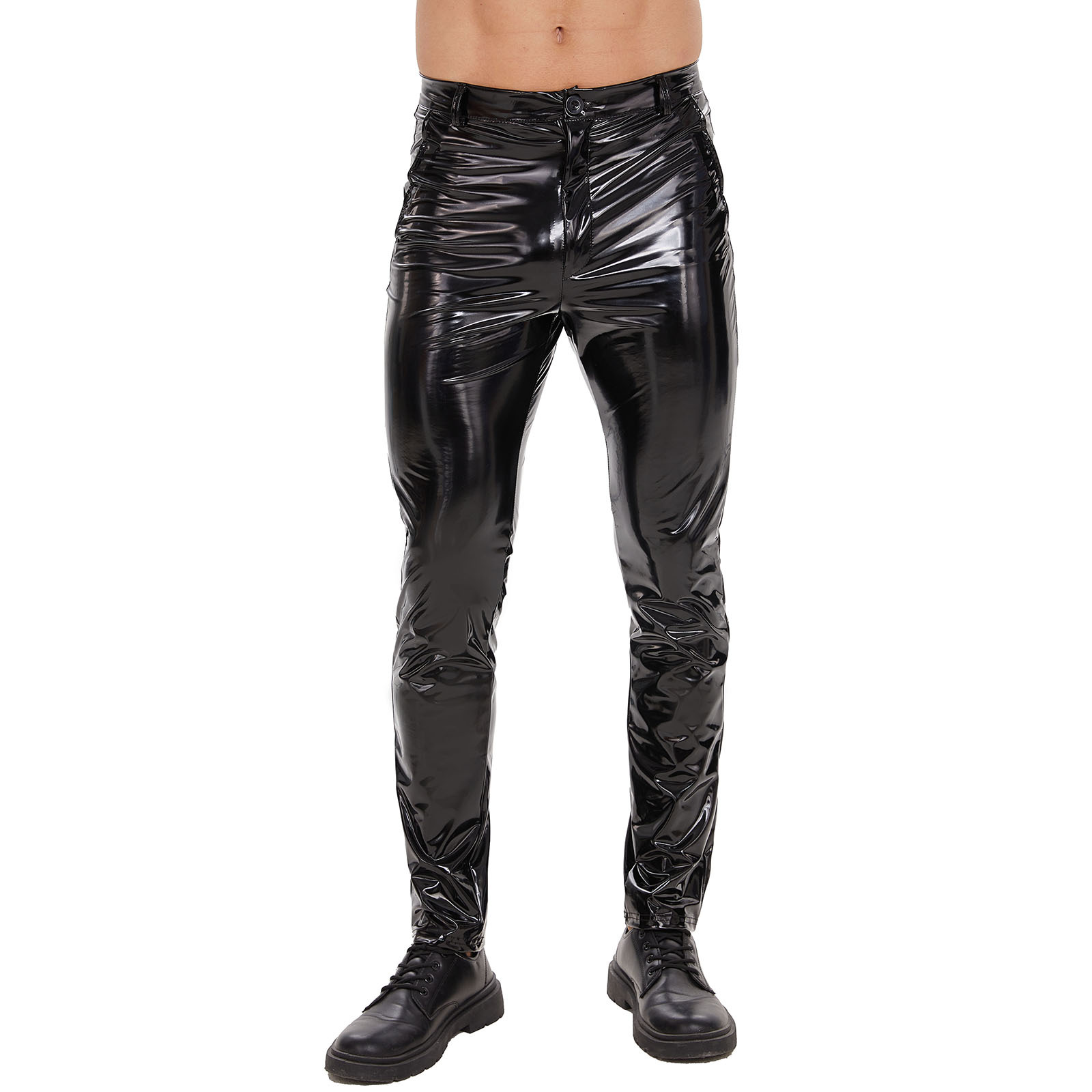 Cross-Border Products European and American Men's Zipper Open Pu Bright Leather Pants Casual Straight Shaping Pants Accurate Size