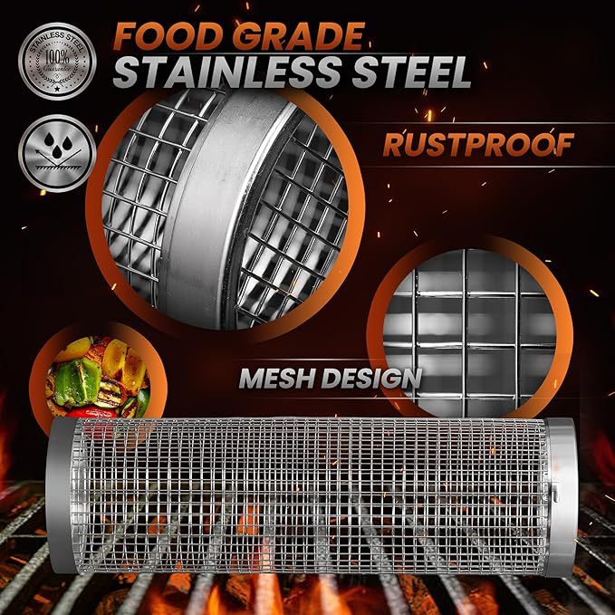 Wo Customized Barbecue Mesh Outdoor Bbq Barbecue Cage Stainless Steel Barbecue Basket Rolling Round Barbecue Mesh Carbon Grill
