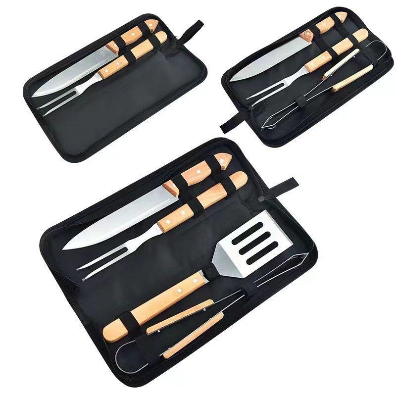 in stock manufacturers outdoor stainless steel barbecue tools suit camping BBQ wooden handle fork shovel clip combination barbecue set