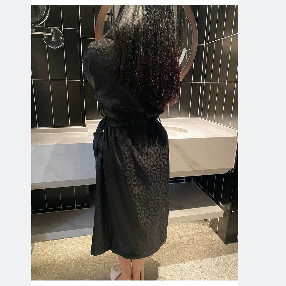 High-End Lady's Classic Black Leopard Print Nightgown Intercontinental Hotel Bathrobe Home Double-Layer Couple Spring Autumn Winter Dressing Gown