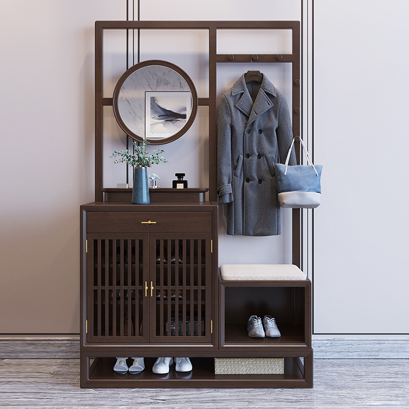 Новый китайский стиль, шкаф для обуви из массива дерева, многофункциональный шкаф для хранения, вешалка для одежды в гостиной, напольный табурет для смены обуви