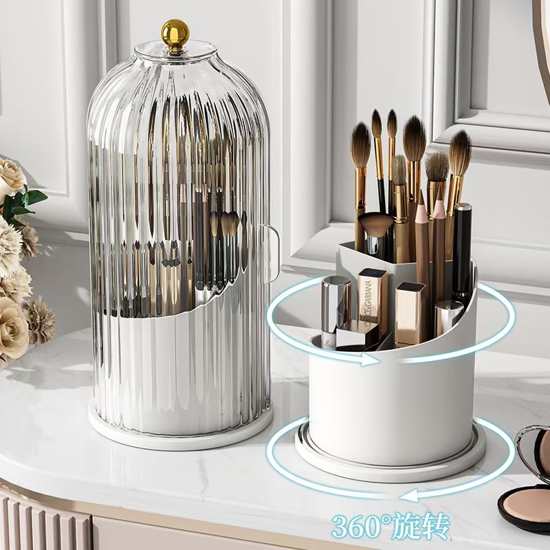 Rotating Makeup Brush Storage Tube, Dressing Table Pen Holder, Lipstick Storage Rack, Dust-Proof Compartment, Desktop Cosmetics Storage Box