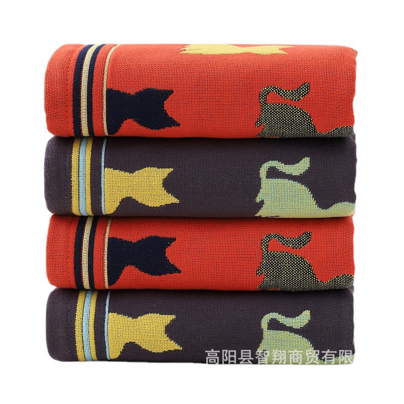 Zhiyang towel four-layer jacquard colorful cat gauze cotton face towel soft absorbent face towel factory price wholesale