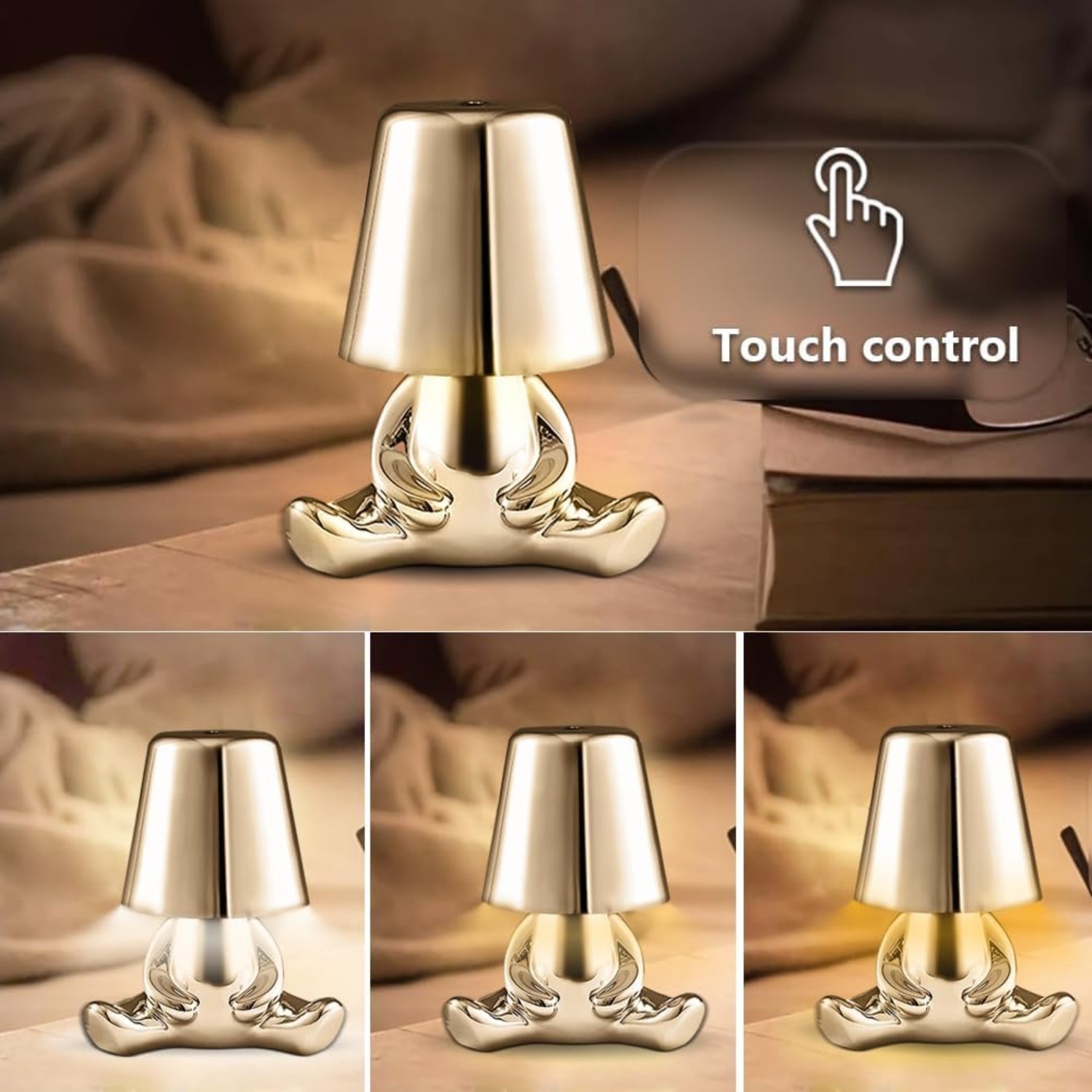 Bedside Touch Control Table Lamp, Colorfulful Velvet Small Golden Decoration Thinker Statue Led Table