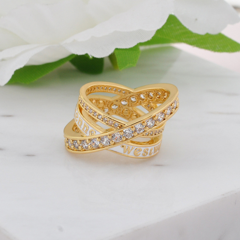 Queen Mother Letter Full Diamond Three-Ring Cross Ring Light Luxury Fashionable Temperament Ring with Diamonds