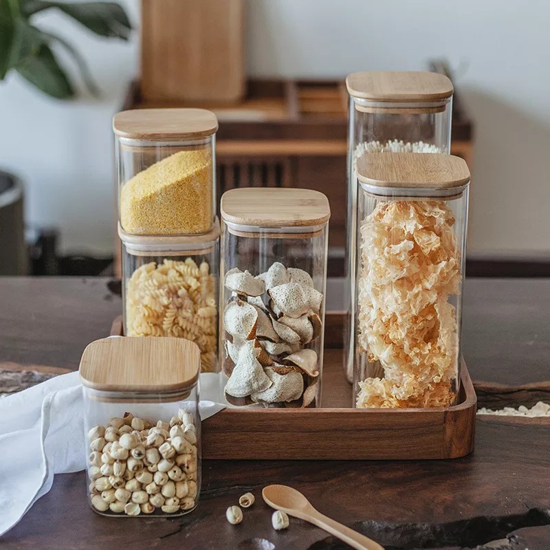 Square Wooden Lid Glass Jar Display Coffee Jar Food Grade Glass Sealed Jar Kitchen Fresh Jar Wholesale Storage Jar