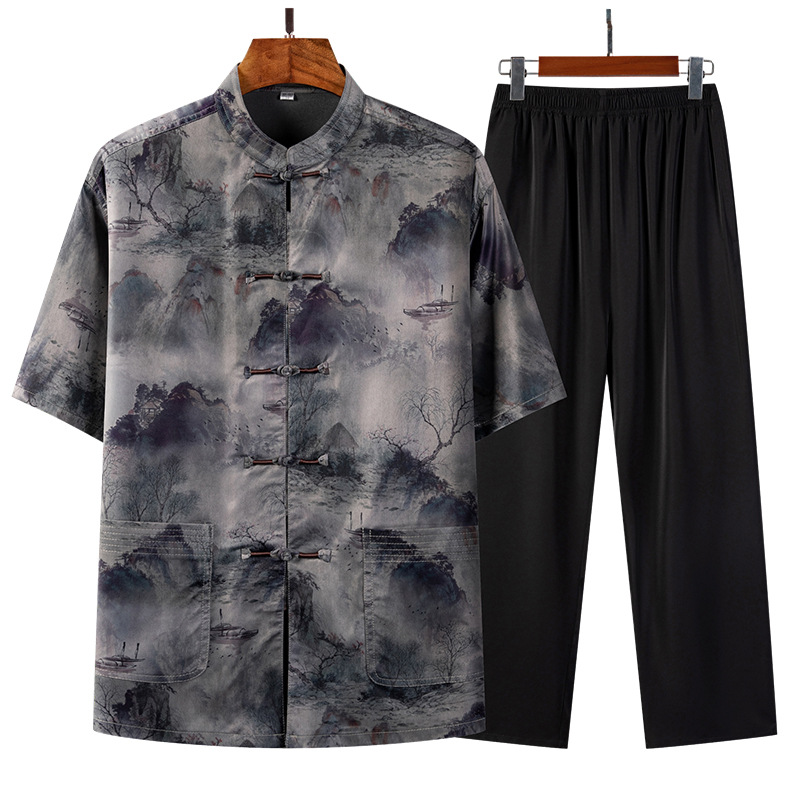 Tang suit male middle-aged and elderly father summer short-sleeved grandpa summer suit elderly Chinese style grandpa clothes 70 years old