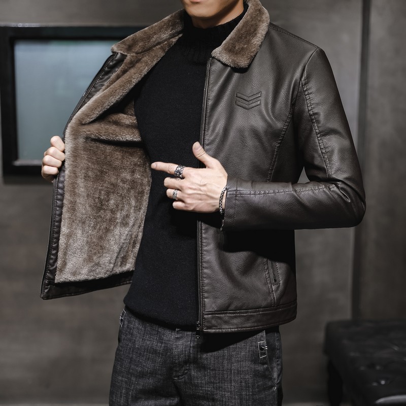 2019 New Men's Leather Jacket Men's Leather Jacket Lapel Middle-aged Men's fleece-lined Thickened Fashionable Fur