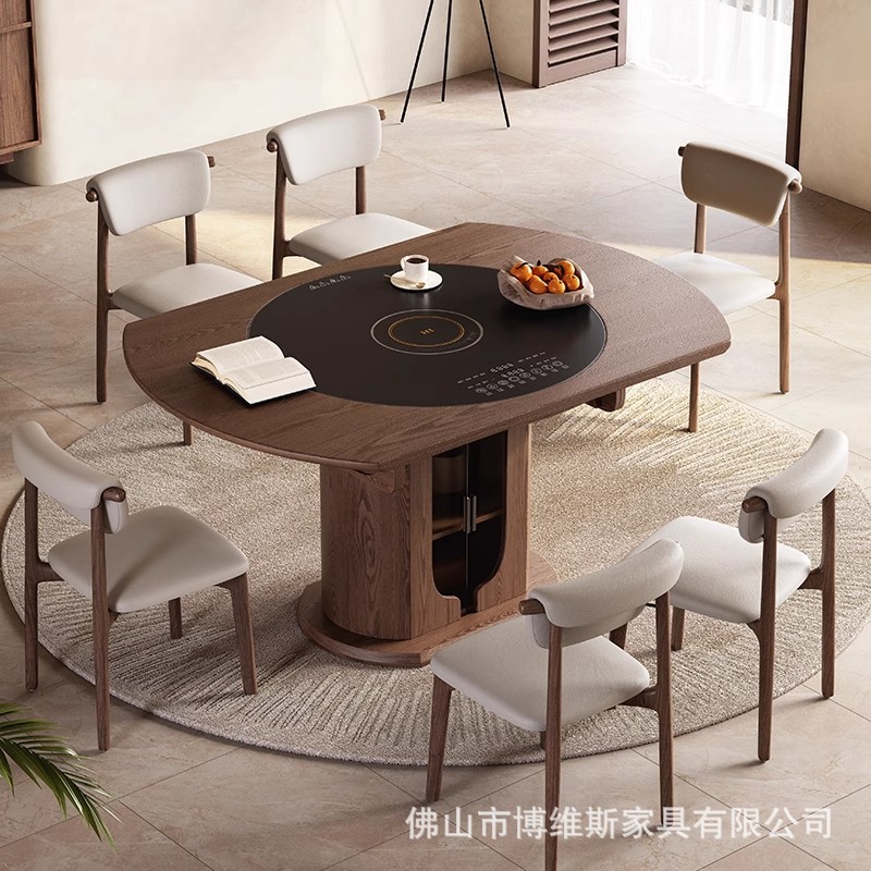 Medieval Style Retractable Round Wine Glass Solid Wood Dining Table with Built-In Induction Cooker Turntable Home Retro Style Dining Table