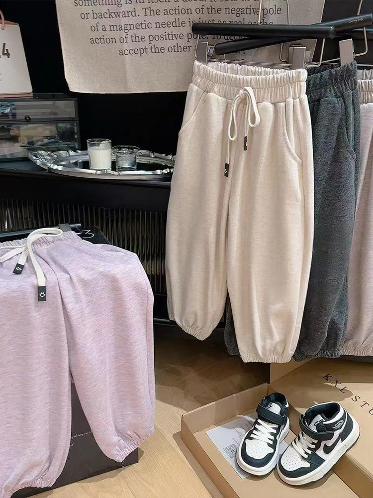 Children's Autumn Solid Color Lantern Pants for Girls, Leggings for Outerwear, Boys' Elastic Straight Casual Long Pants