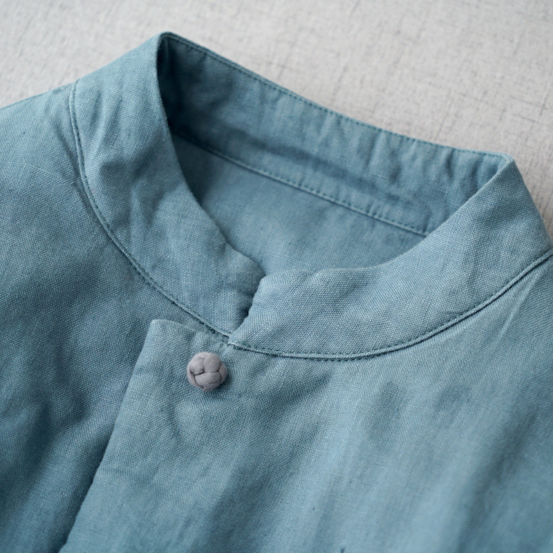 2025 Autumn/Winter Artistic Retro Loose Plus Size Women's Linen Layered Stand Collar Buttoned Mid-Length Coat Cotton Jacket