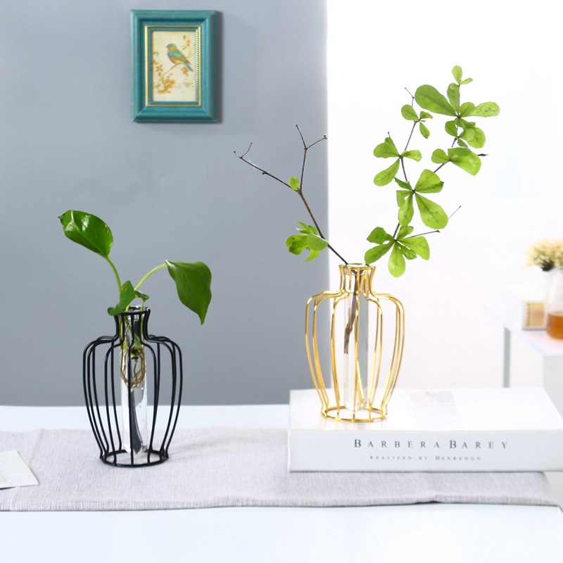 Creative metal plating metal glass hydroponic vase living room dining table wrought iron vase decorative home flower bottle