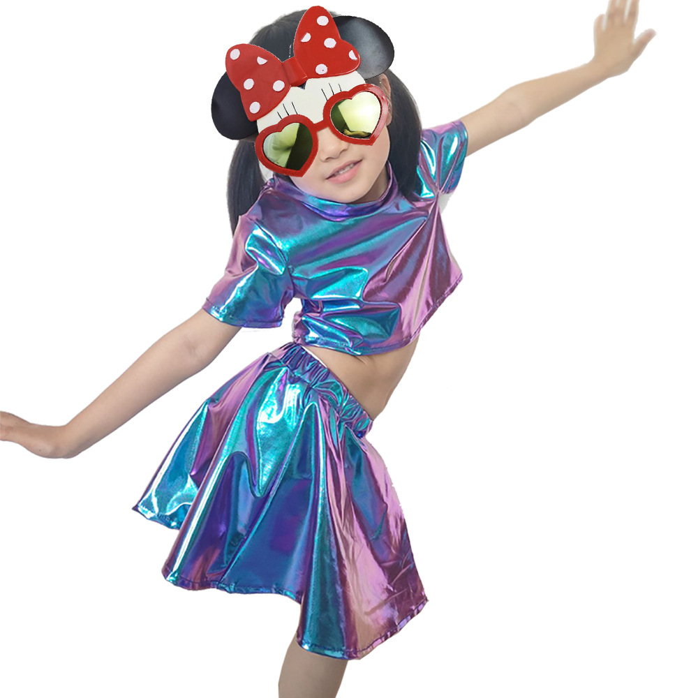 Campus Class Clothing Performance Clothing Choir Children's Adult Performance Clothing Colorful Laser Short-sleeved Navel Top Round Neck