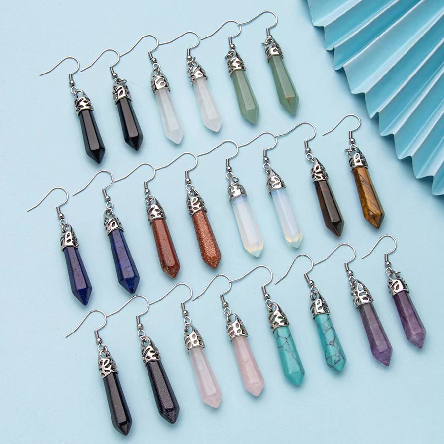 Creative fashion natural stone crystal single pointed hexagonal pillar pendant stainless steel earrings jewelry gem earrings