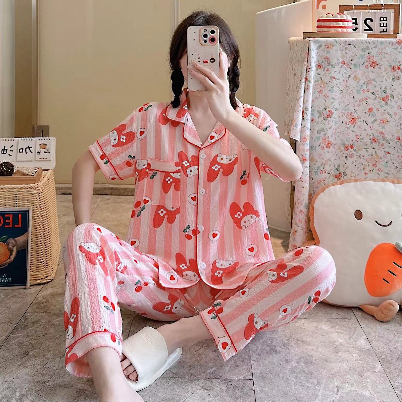 Woven Bubble Cloth Pajamas Women's Summer Cotton Short-sleeved Trousers Home Clothes Summer Thin Cotton Two-piece Suit