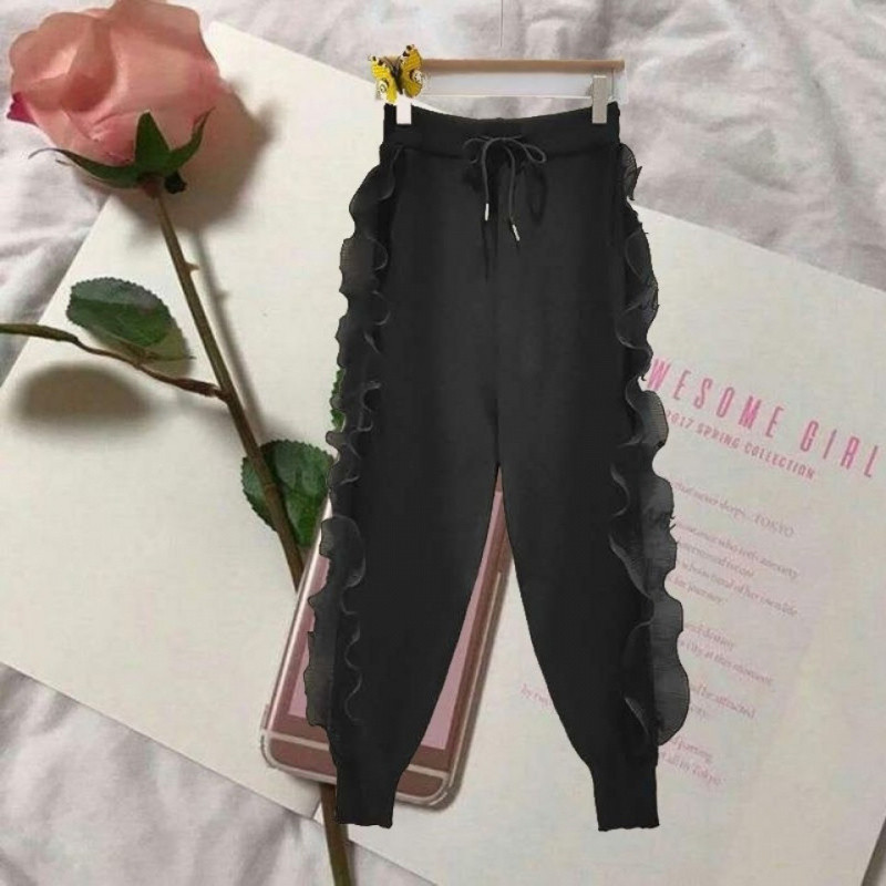 Z1B [14,000+ Followers] High-Waisted Slimming Casual Sports Lace Long Pants Harem Pants Women's New Style Ruffled Pants