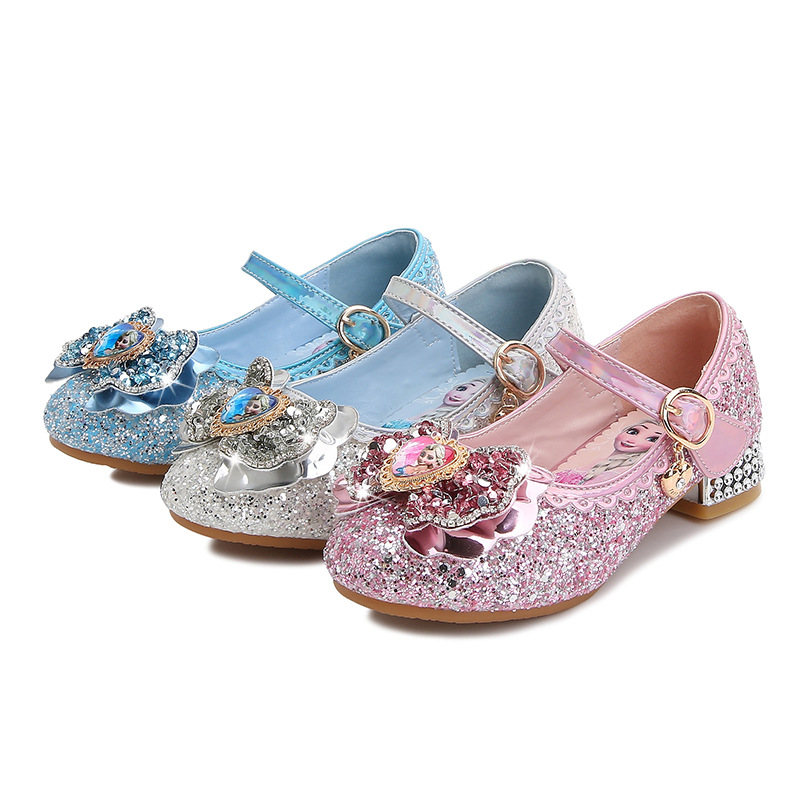 Elsa Princess Shoes Girls High Heels Spring and Autumn New Children's Sequin Shoes Spring and Autumn Single Shoes Little Girls Leather Shoes