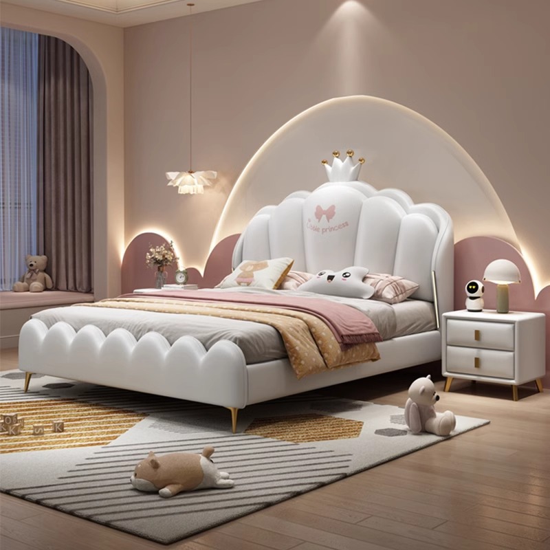 Suspended Solid Wood Bed Children's Bed Girl's Bedroom Princess Bed Light Luxury Leather Bed Small Apartment Pink Crown Double Bed