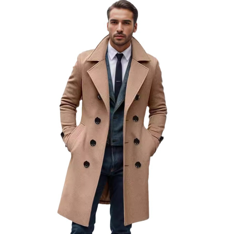 2024 European and American Size Men's Woolen Coat for Autumn and Winter Double-breasted Long Men's Woolen Coat