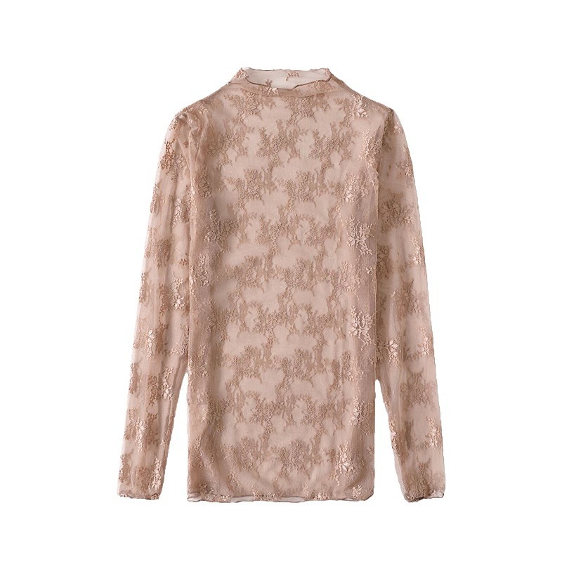 2020 Autumn and Winter Lace Bottoming Shirt Women's Long Sleeve Half Turtle Collar with Hollow Chiffon Western Style Sexy Mesh Top