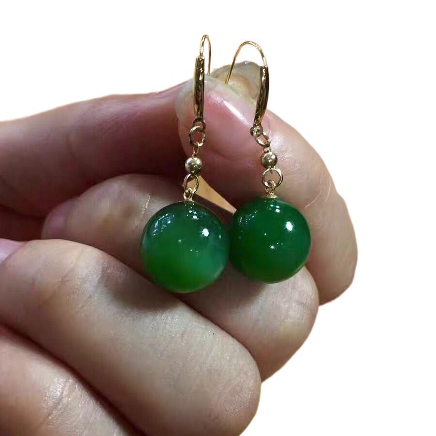 Xiaohongshu's Popular Authentic Natural Xinjiang Hetian Jasper Round Bead Earrings 18 Gold Inlaid 9.8 Ear Hooks Yang Green