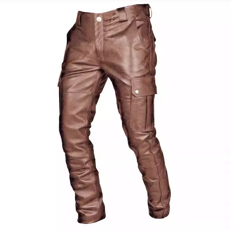 2024 cross-border new popular wish Amazon hot sale European and American solid color PU lace-up casual men's leather pants KZ2332