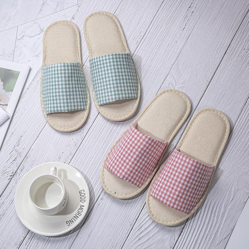 Spring and summer hotel Plaid linen slippers home leisure hospitality men's and women's slippers hotel room slippers wholesale