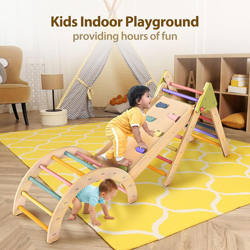 Wooden Children's Folding Climbing Frame Indoor Slide Sensory Training Equipment Infant Rainbow Ladder Climbing Toy