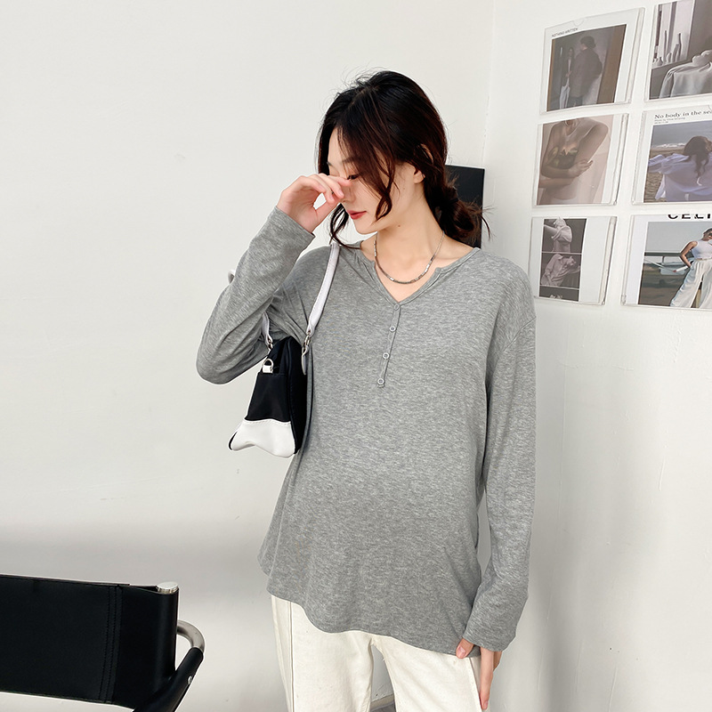 Maternity Wear, Confinement Clothes, T-Shirts, Maternity Bottoming Shirts, Long-Sleeved Large Size Extbottomed V Neck Tops, Pure Color Spring, Summer and Autumn Inner Wear