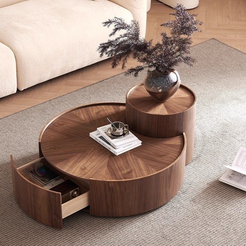 New Chinese-Style Light Luxury Round Walnut Coffee Table Set Designer Creative Living Room Home Wabi-Sabi Style