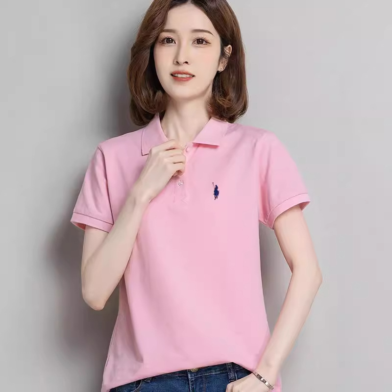 Cotton Lapel Polo Shirt Women's Short-sleeved T-shirt Summer Loose Collar Embroidered Work Clothes T-shirt