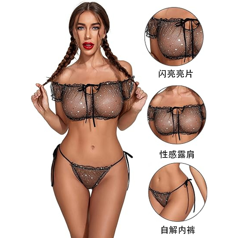Cross-border Foreign Trade Summer Sexy Lingerie Chest Wrapped Underwear suit One-word Shoulder Strap Mesh Lingerie suit