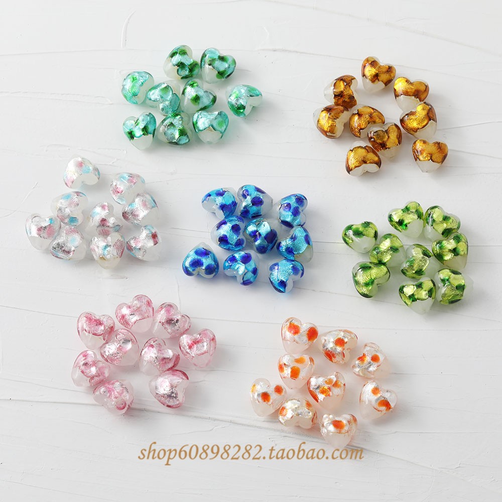 Heart-Shaped Glass Silver Foil Small Fresh Color Series Straight Hole DIY Beaded Handmade Necklace Bracelet Earring Material Accessories