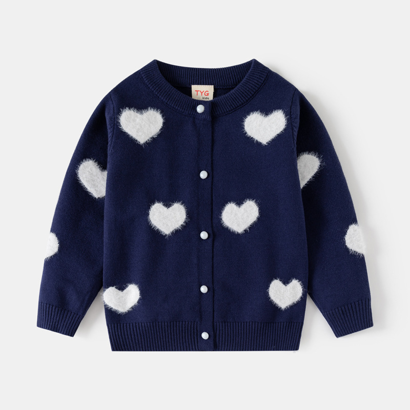 Manufacturer Wholesale Children's Clothing Girls' Woolen Cardigan 25 Spring & Fall New Baby Mink Heart Jacquard Core-Spun Yarn Sweater