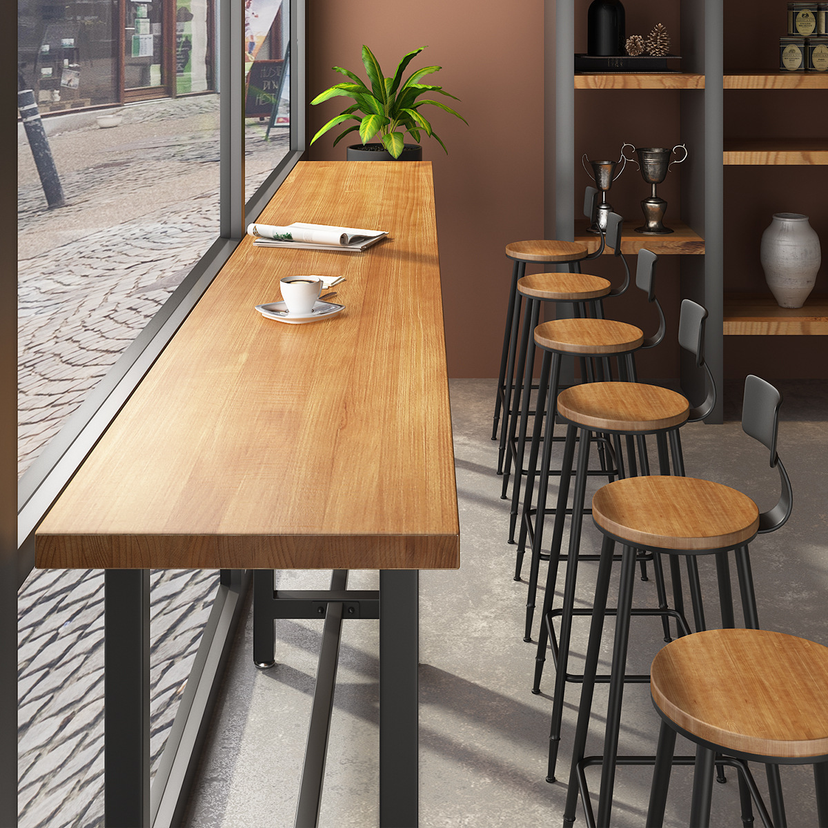 Modern Solid Wood Bar Table and Chair Combination Commercial Milk Tea Shop Wall Long Bar High Table Bar Cafe Bar Counter