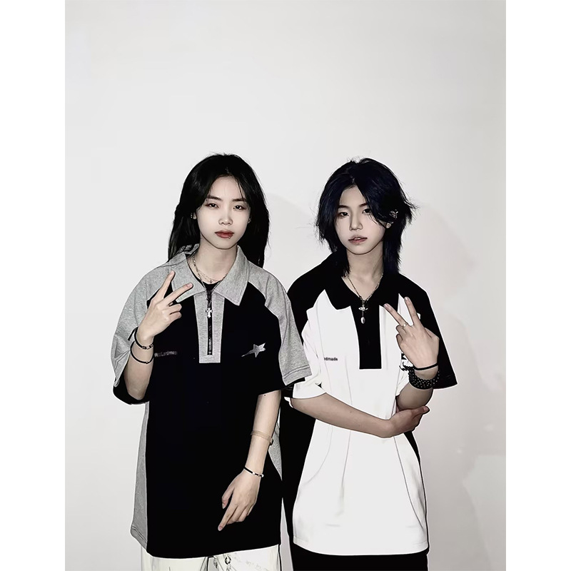 American-Style Lapel Short-Sleeve Women's Retro High Street Loose Couple Outfit Summer Patchwork T-Shirt Polo Shirt Half-Sleeve Trendy Brand