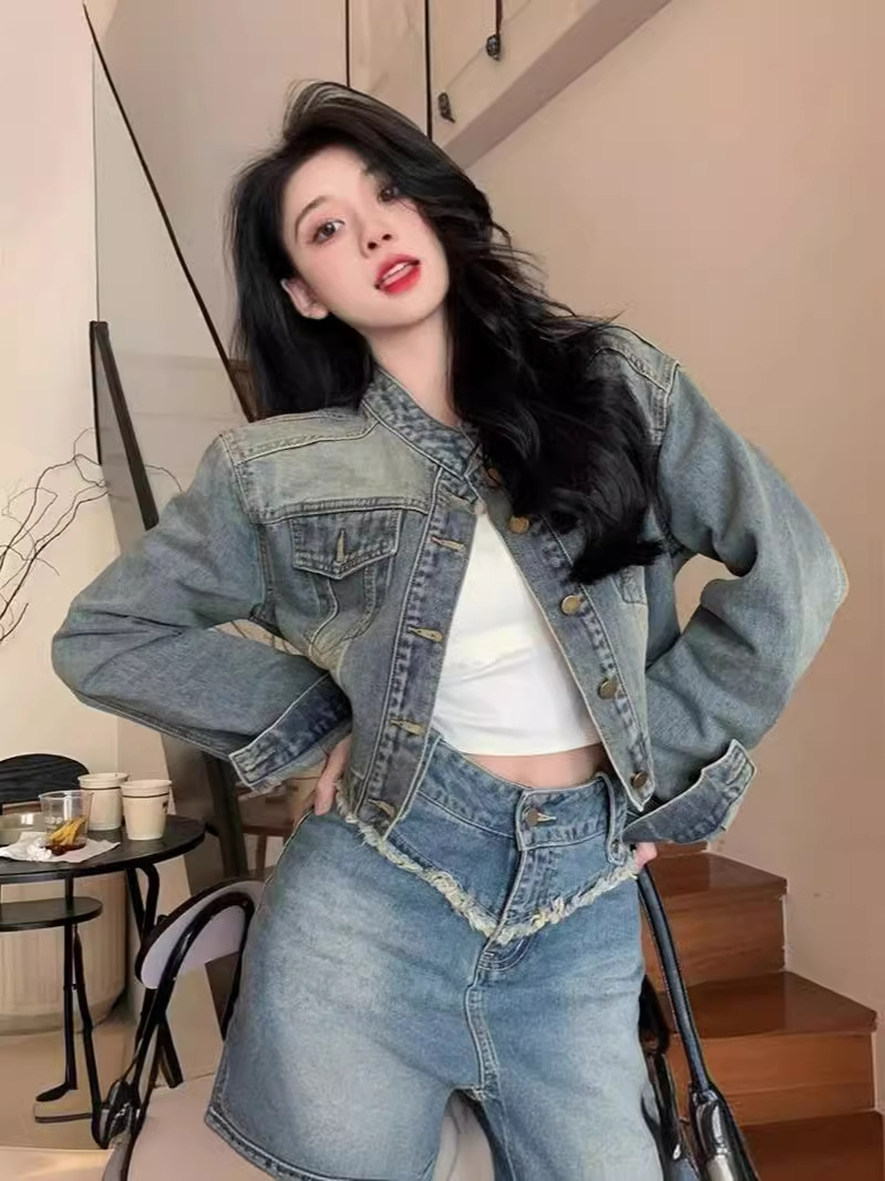 Vintage Blue Small Denim Jacket Women's 2024 Spring and Autumn New Design Sense Fashion Slim Look Jacket Women's Trendy