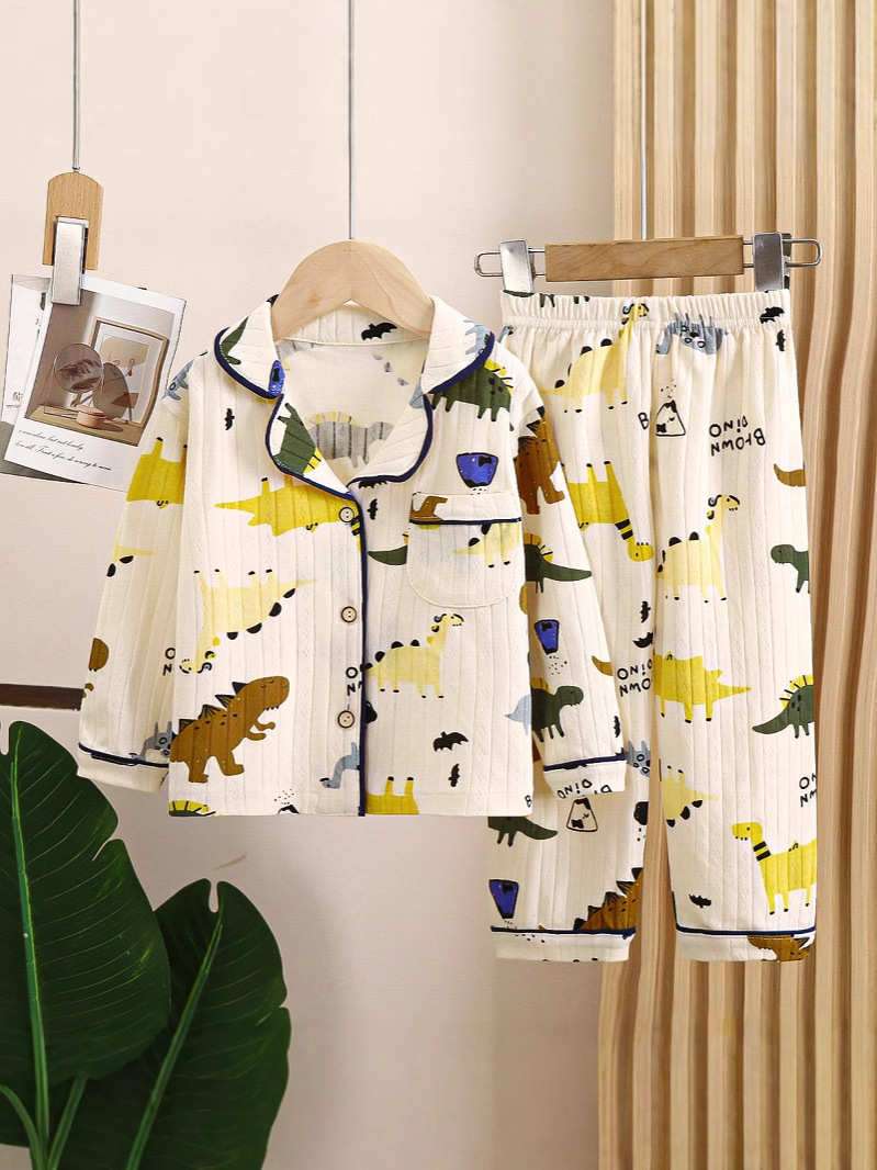 Cotton Children's Pajamas Spring and Autumn Lapel Long-sleeved Boys' Home Clothes suit Loose Big Children's and Girls' Air-conditioning Clothes
