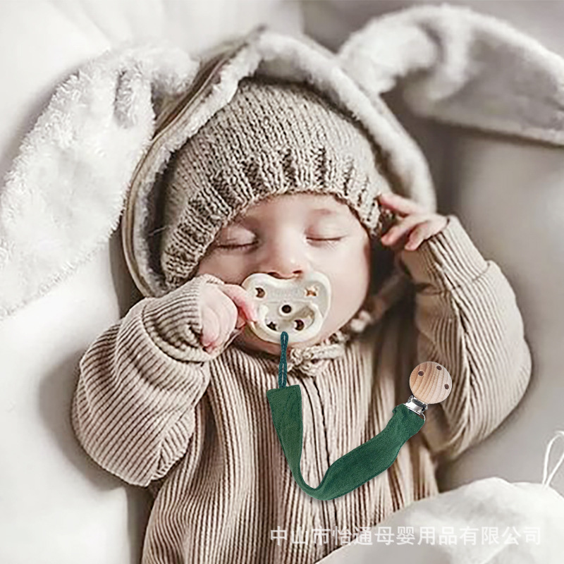 Cross-Border Ready Stock Pure Cotton Pacifier Anti-Drop Chain Beech Wood Round Head Baby Teether Pacifier Clip Strap