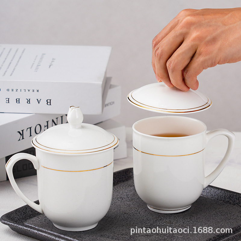 Jingdezhen Tea Cup Ceramic Conference Cup with Lid Hand-painted Golden Bone China Drinking Cup Phnom Penh Cup Engraved LOGO