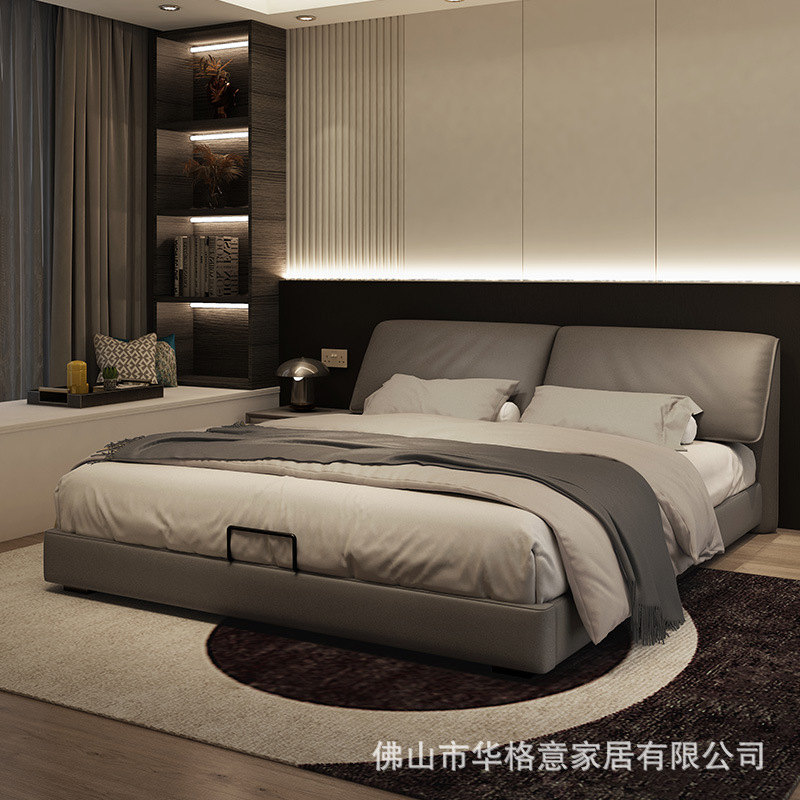 Elephant Ear Genuine Leather Bed, Italian Minimalist Style, Master Bedroom, Guangdong Foshan Furniture, Top-Grain Cowhide Storage Bed with High Box
