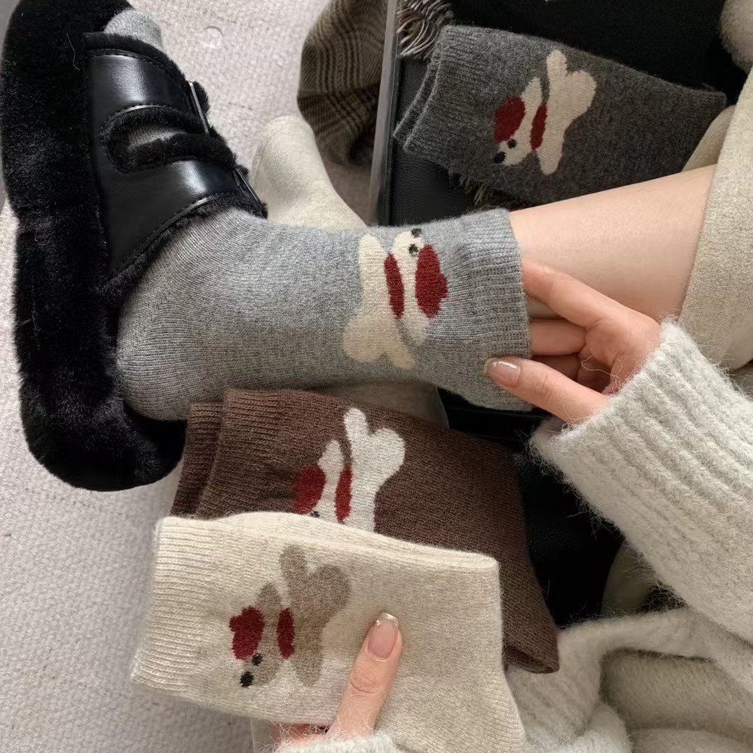 Шершащие носки для женщин, осень и зима, до середины икры, теплые, с мультяшным щенком