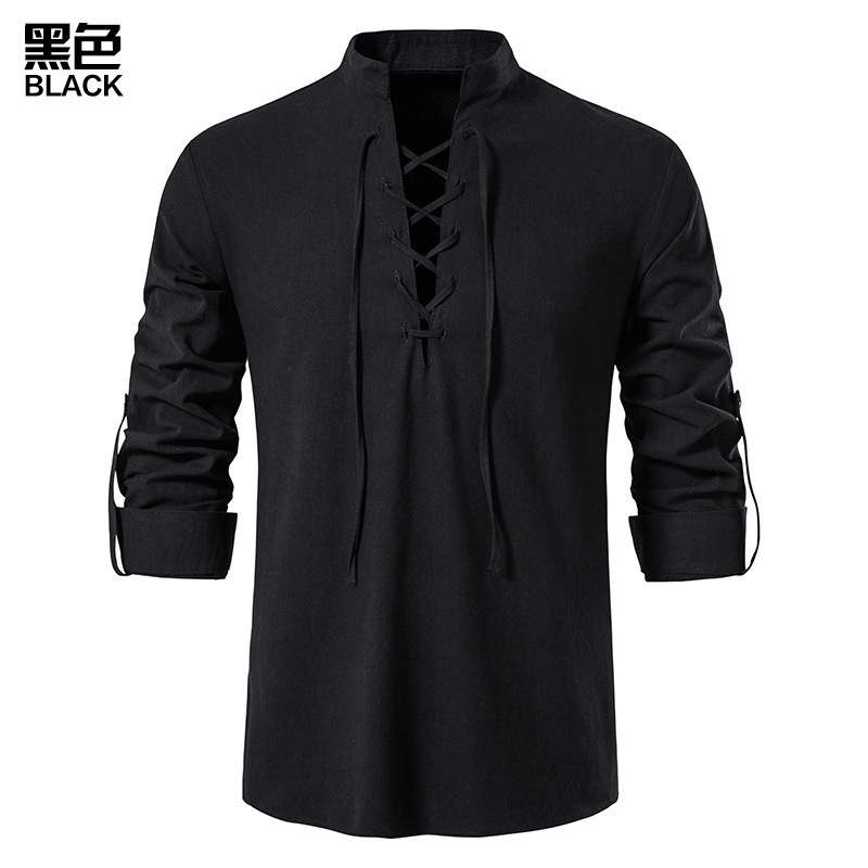 2025 foreign trade new amazon men's cotton and linen henry shirt hippie casual beach stand collar long sleeve shirt