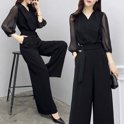 Spring and Summer New High Waist Chiffon Jumpsuit Black Cropped Sleeve Slim-fit Slimming Elegant Wide Leg Jumpsuit for Women