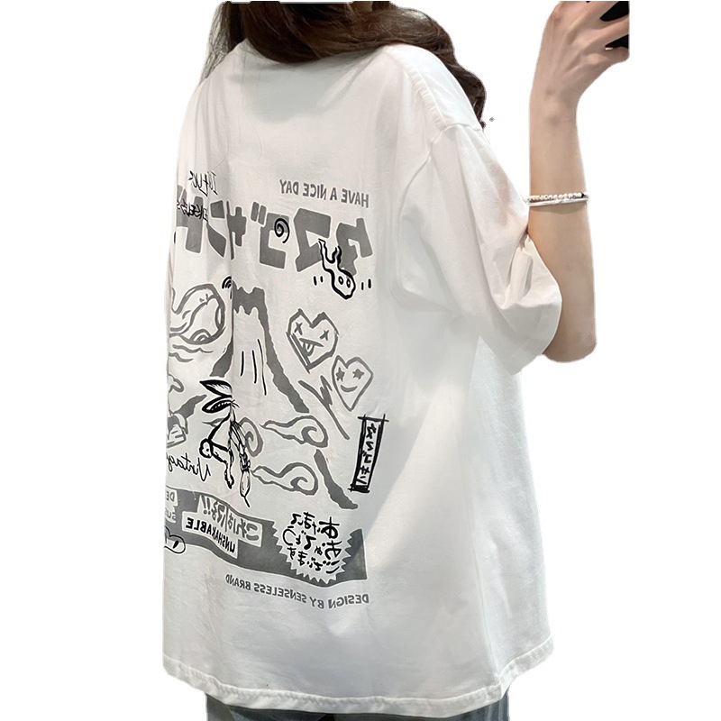 Heavy Weight Cotton Japanese Style Trendy Brand Cartoon Printed Half-Sleeved T-Shirt Tops Couple Wear Summer Casual Bf Style Short-Sleeved Women
