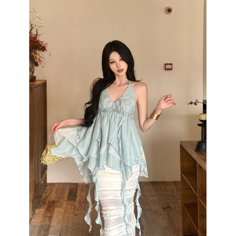 Real Shot of Ready-Made Asymmetrical Splicing Lace Ribbon Halterneck Halter Top + Skirt