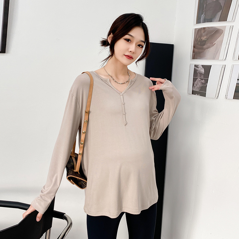 Maternity Wear, Confinement Clothes, T-Shirts, Maternity Bottoming Shirts, Long-Sleeved Large Size Extbottomed V Neck Tops, Pure Color Spring, Summer and Autumn Inner Wear