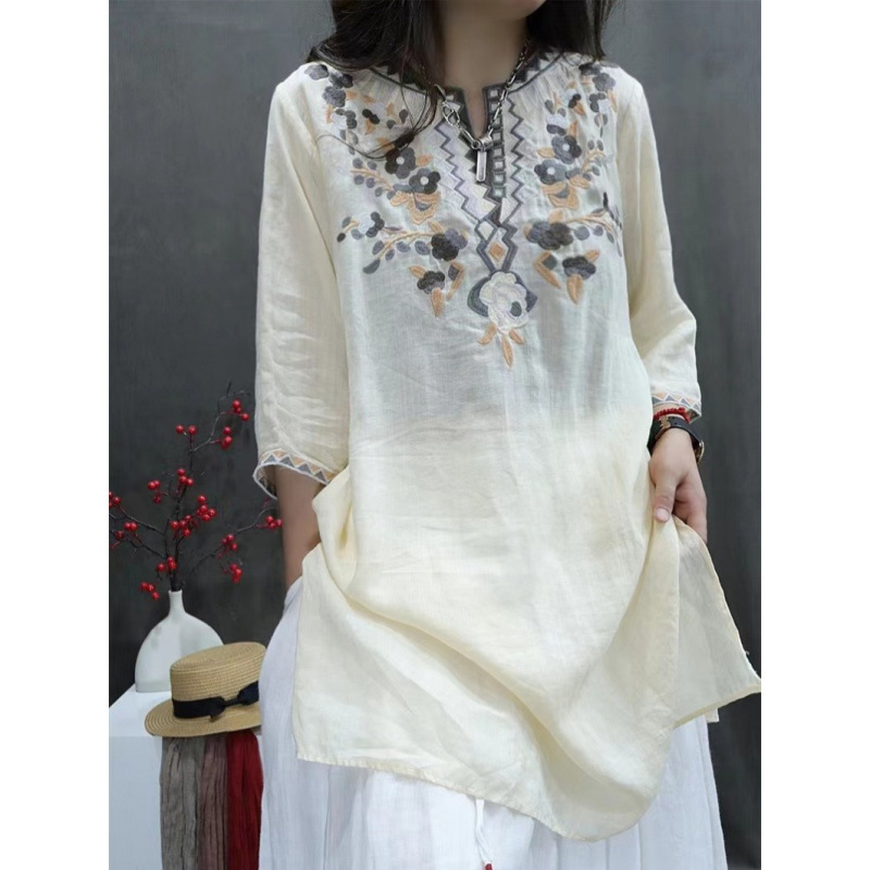 Cotton and Linen Embroidered Women's 2025 Spring, Summer and Autumn New Chinese Style Retro Mid-Sleeve Thin Top t