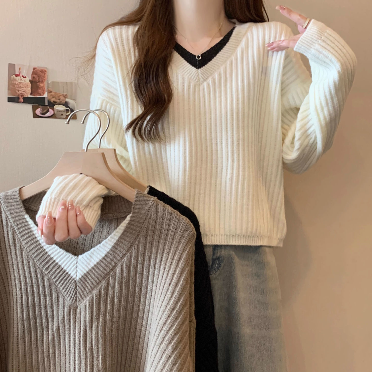 Plus-Size Knit Sweater, Fashionable, Age-Reducing, Versatile, Slimming, V-Neck, Long-Sleeve, Faux Two-Piece, Drawstring, Long-Sleeve, Loose, Slimming